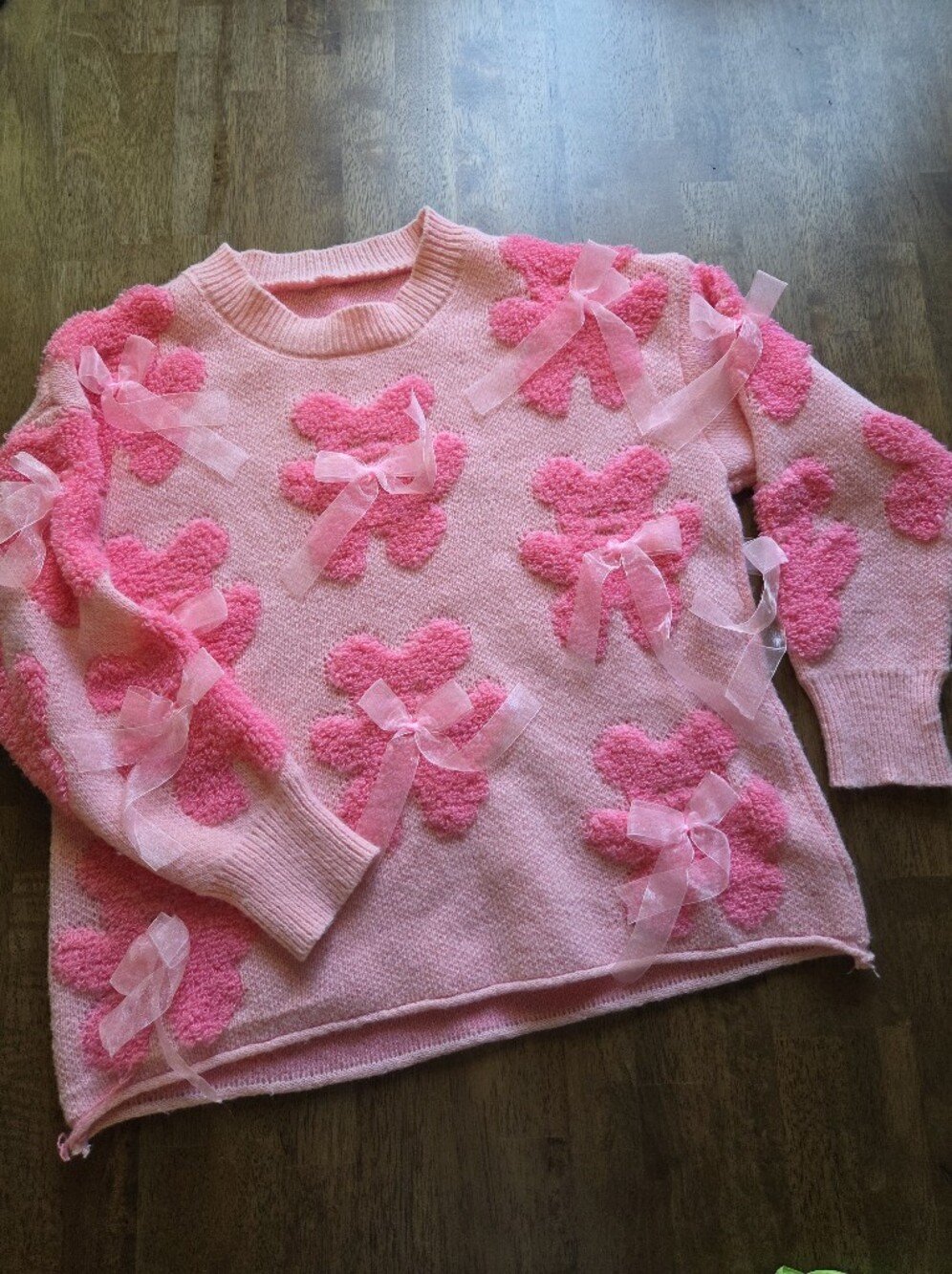 Soft Fuzzy Bear Pink Sheer Bow Cozy Lightweight Crewneck Barbiecore
